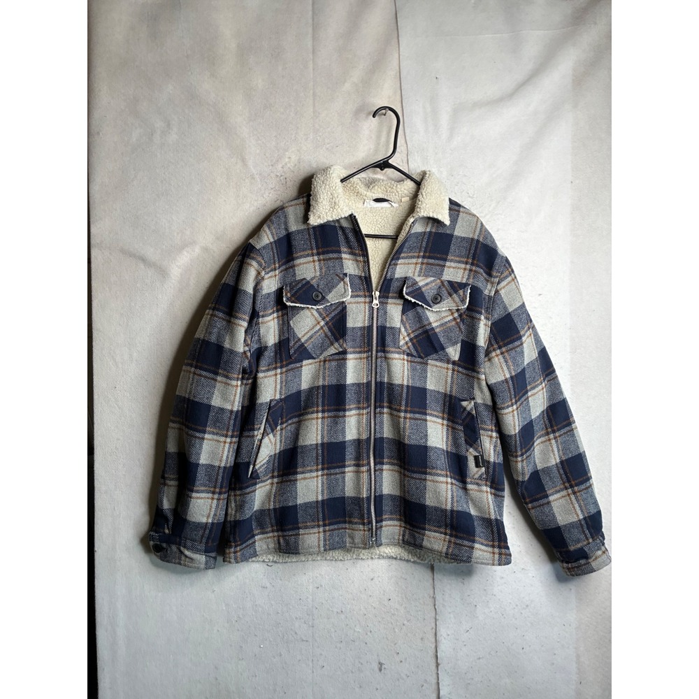 Bronxton Mens XL Sherpa Lined Plaid Flannel Zip Up trucker Jacket Navy 74MW035S